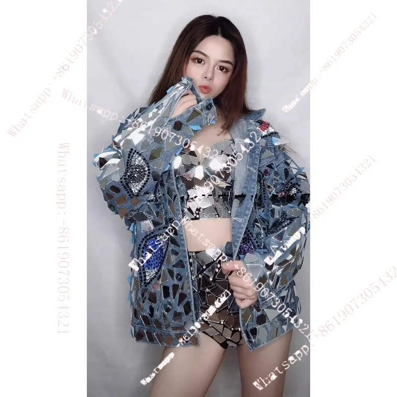 MM nightclub bar gogods costumes female party guests dance team commercial printing full of diamonds denim lenses