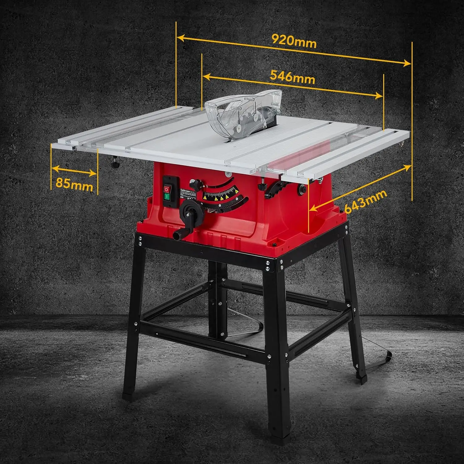 Table Saw 10 Inch 15A Multifunctional Saw with Stand Push Stick 90° Cross Cut & 0-45° Bevel Cut 5000RPM Adjustable Blade Height