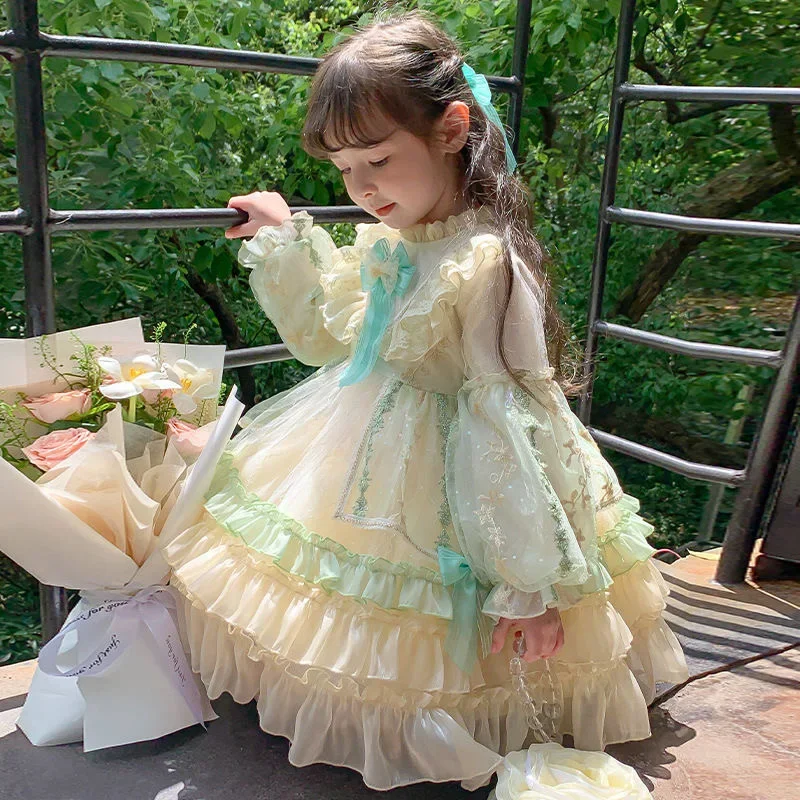 Bebê menina camada de renda lolita vestidos de princesa criança criança vintage elegante arco tutu vestido natal roupas de halloween 3-12y