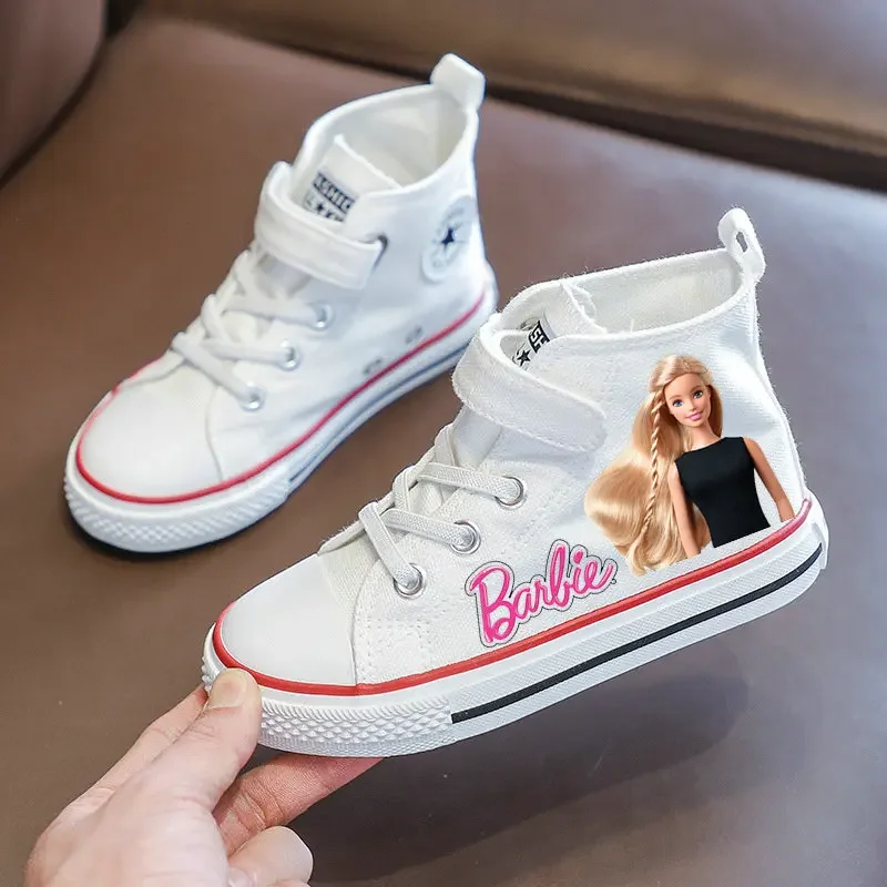 New Girls Barbie Shoes Teen Canvas Tennis Shoes Cartoon Barbie Girls White Canvas Shoes Children Casual Sneakers Size 25-36