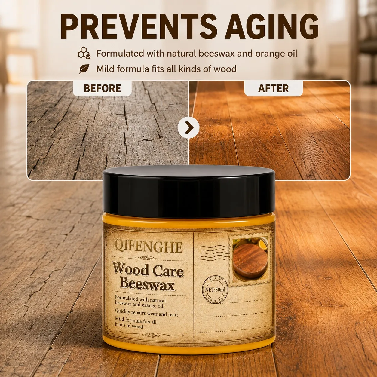50ml QIFENGHE Wood Care Beeswax Natural Wood Furniture Polish Repairing Wax for Wooden Floor Table Cabinet Daily Maintenance