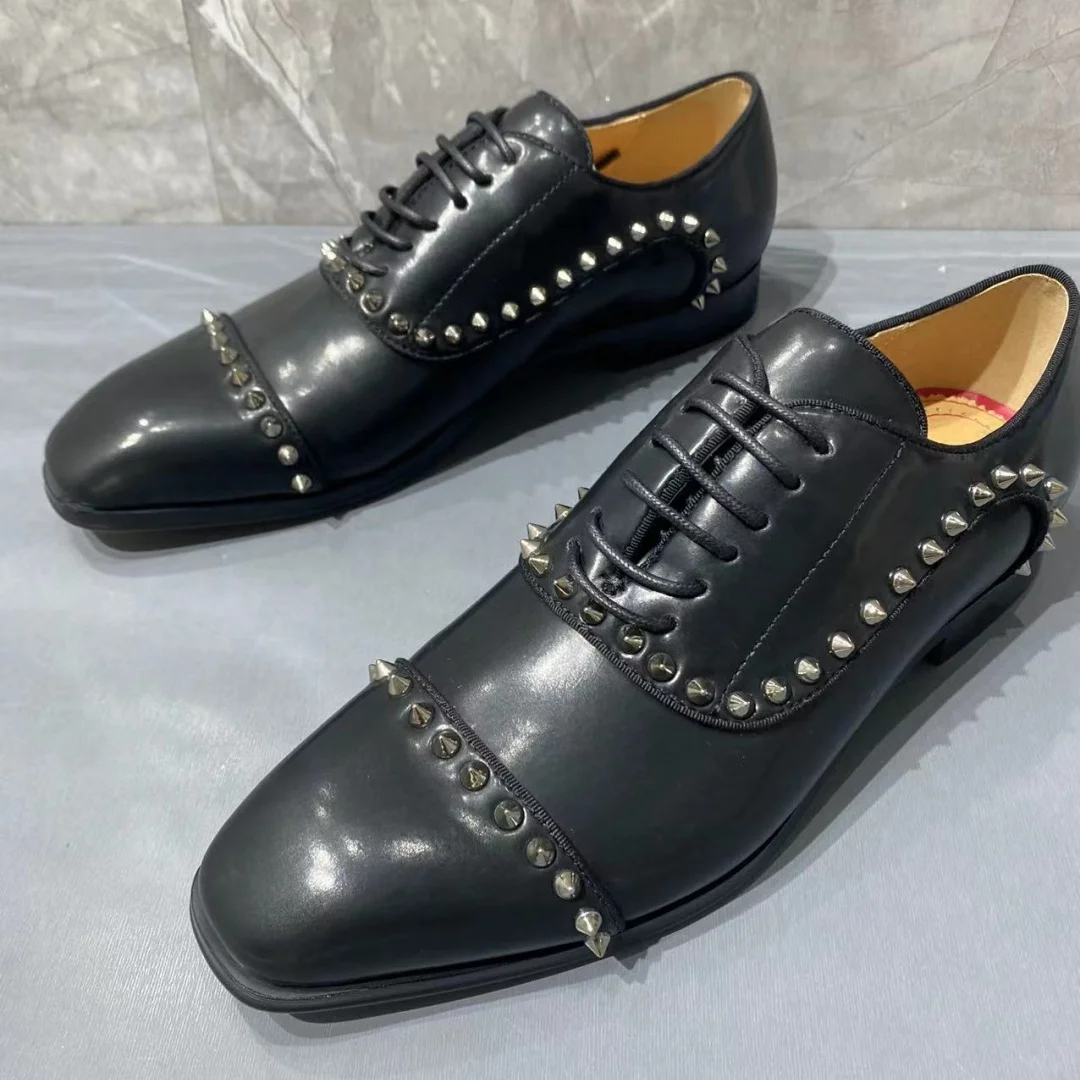 

Silver Rivets Sewing Single Shoes For Men Square Toe Red Sole Black Leather Shoes Male Lace-Up Chunky Low Heels Business Style