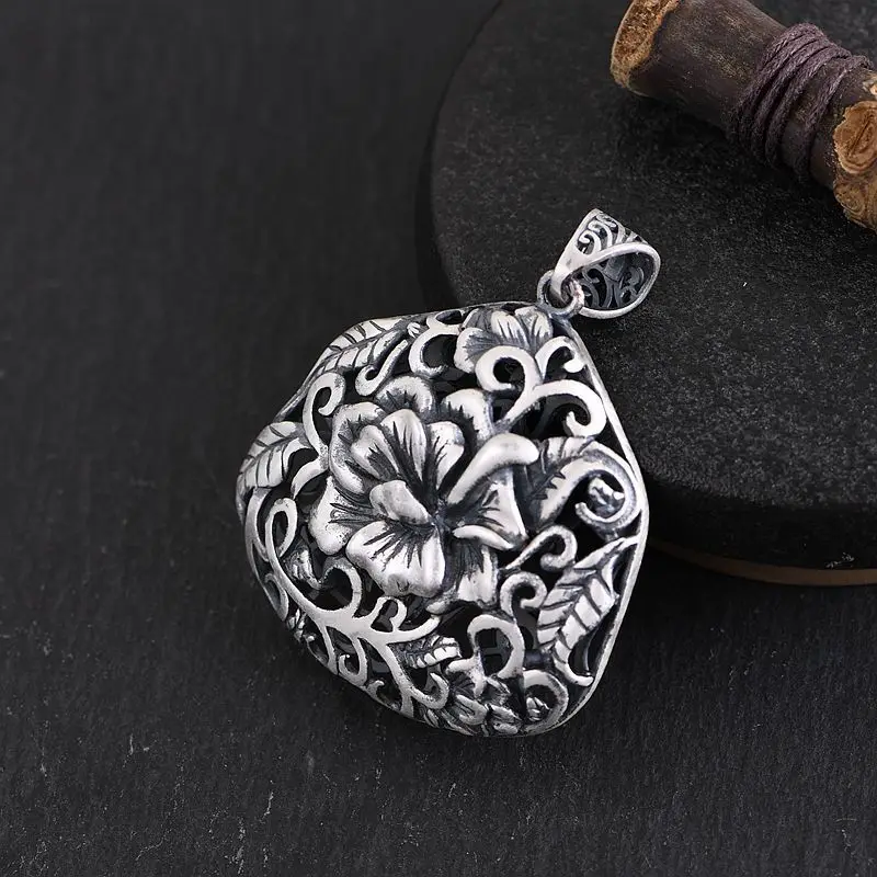 

FNJ 990 Silver Hollow Peony Pendant Original Pure S990 Sterling Silver Pendants for Jewelry Making Women Romantic Flower