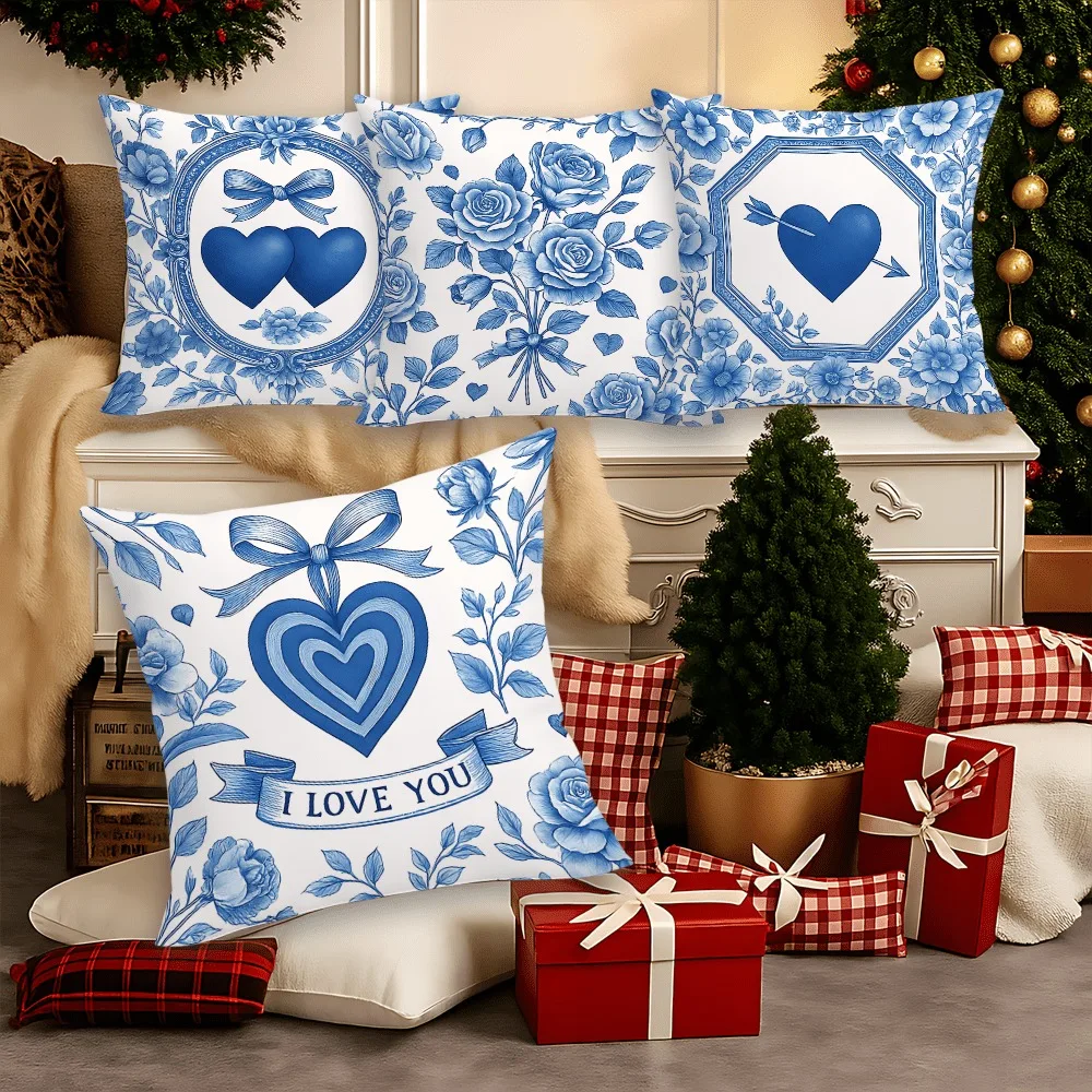 

Classic Blue & White Porcelain-Style Pillowcases: "I LOVE YOU" Heart Home Decor Pillow Covers