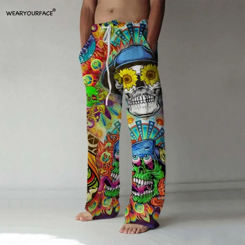 Flowers Skull Printed Straight Full Length Wide Leg Pants Hipster Fashion Trousers Streetwear Sweatpants Men Unisex Clothing