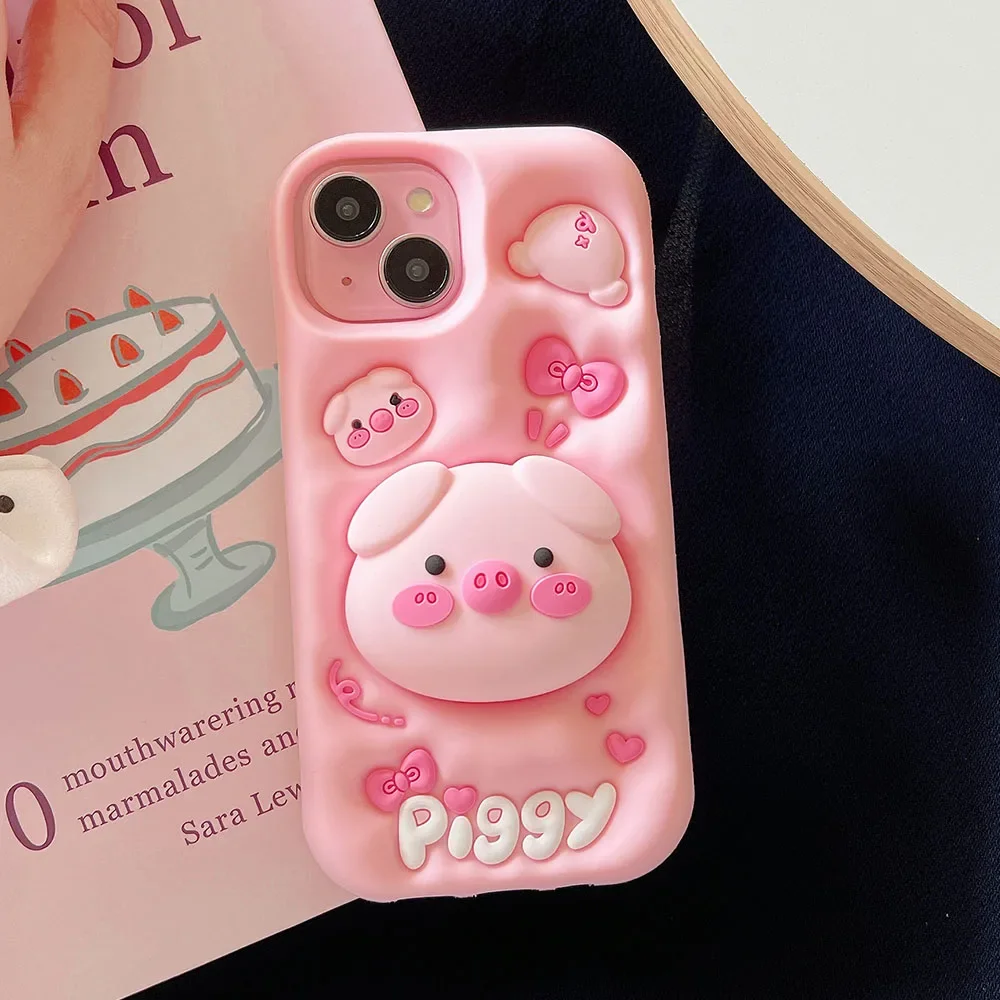 Korean Cute Pink Bow 3D Pig Stand Holder Silicone Phone Case For iPhone 15 14 13 12 Pro Max 11 Funny Gift Shockproof Soft Cover