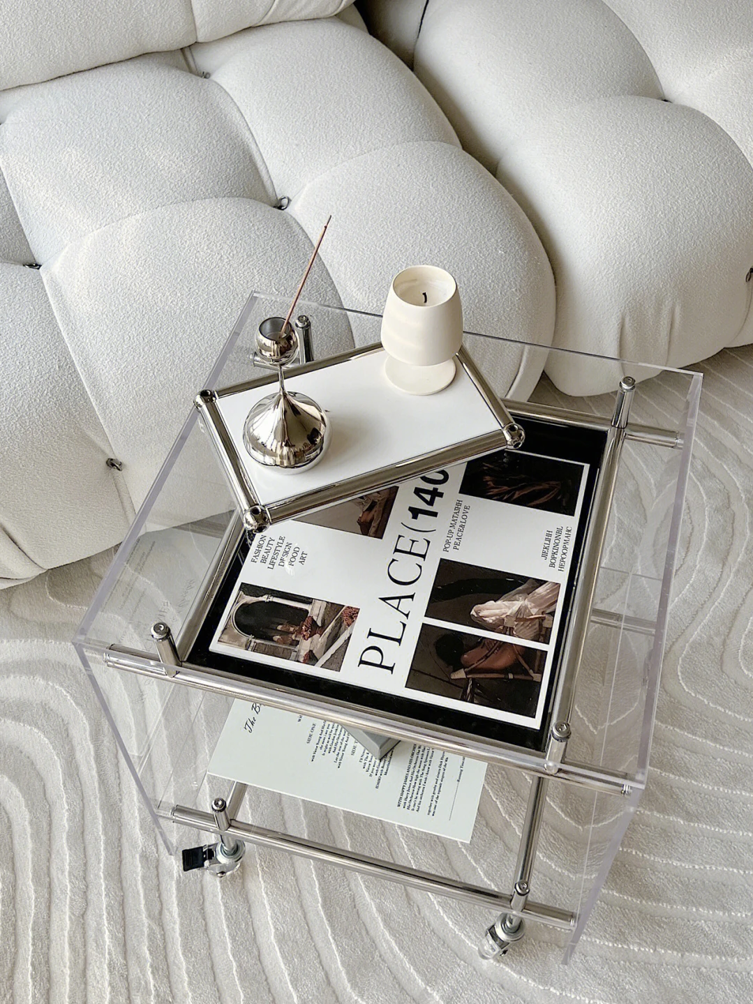 

acrylic, side table, trolley, storage cabinet, medieval, living room, mobile, coffee table, household ins transparent