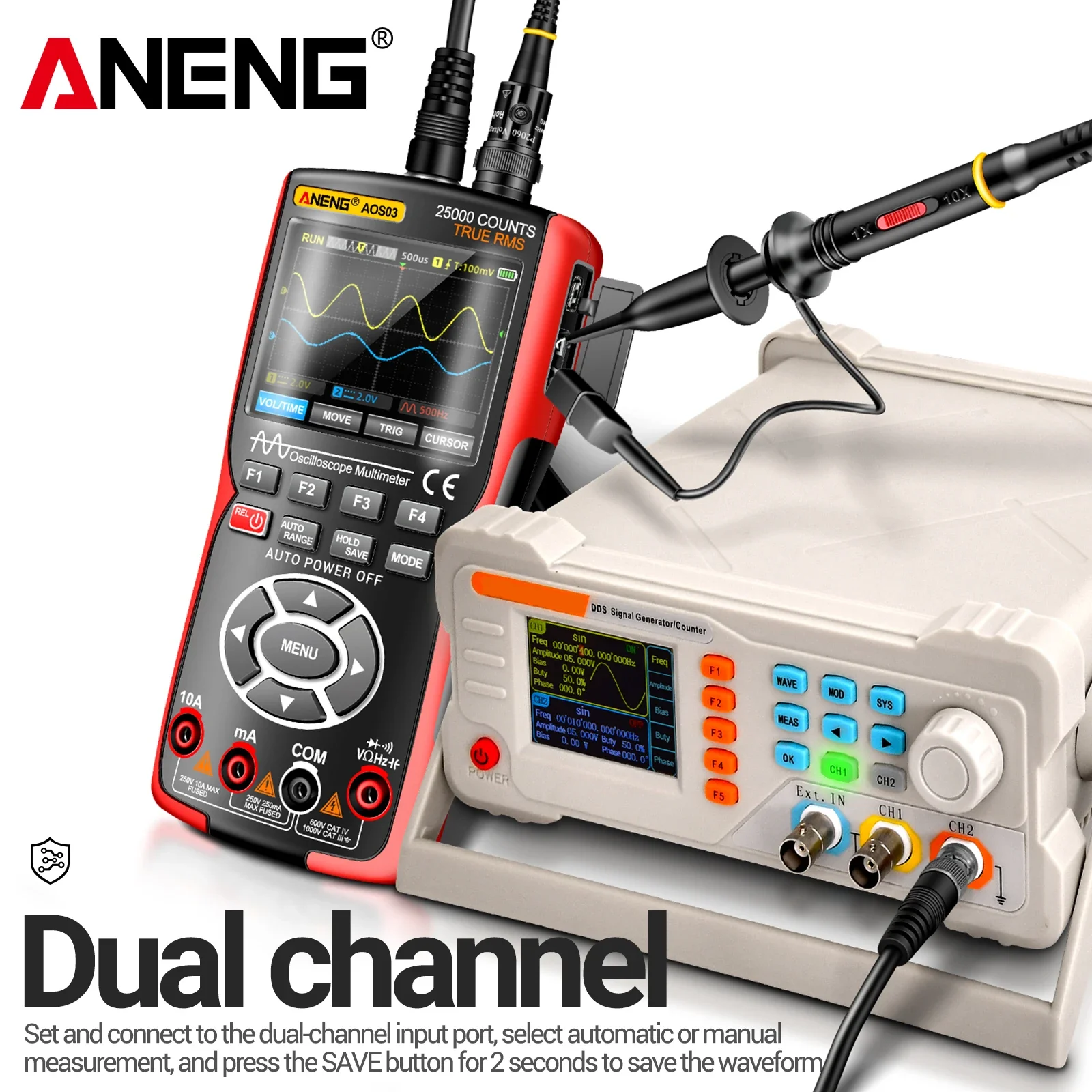 ANENG AOS03 oscilloscope multimeter signal generator 3-in-1 25000 counting true RMS signal generator lithium charging instrument