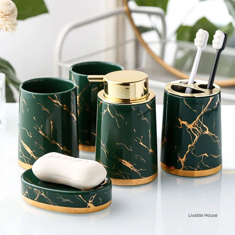 Marbling Ceramic Bathroom Accessories Set Toiletries Wash Set Mouth Cup Lotion Bottle Toothbrush Holder Soap Dish Bathroom Suppl