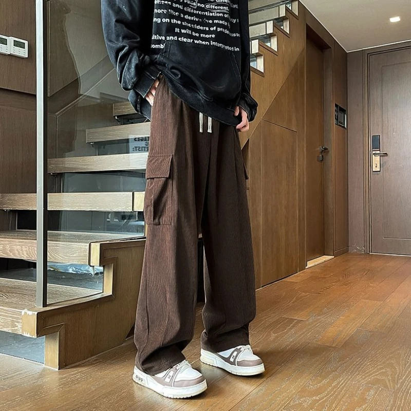 Men’s Casual Corduroy Cargo Pants Thin Autumn Thickened Long Trousers Wide Leg Straight Style Student Fashion Niche Streetwear