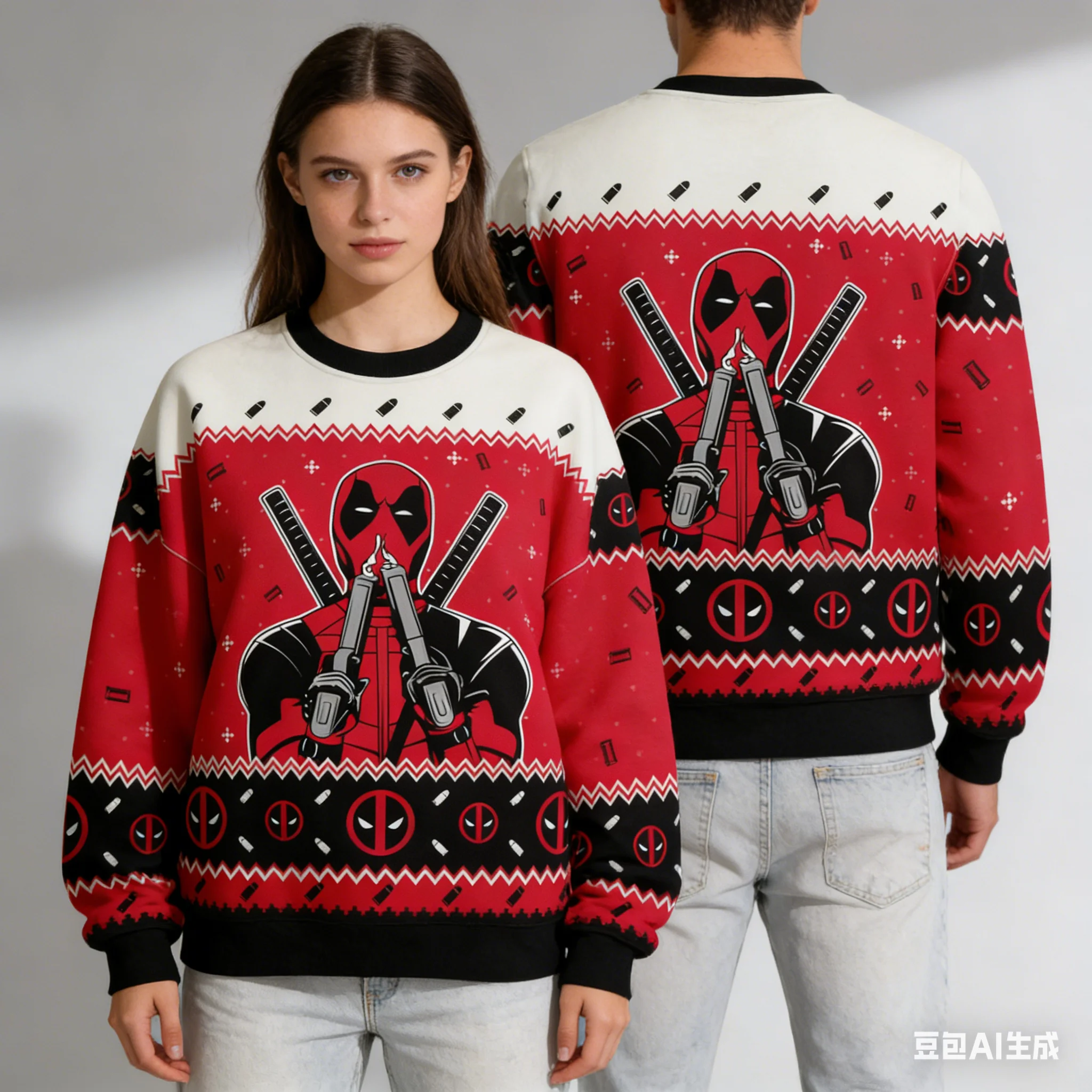 

Women's Winter Funny Deadpool Print Ugly Christmas Round Neck Sportswear Fashionable Street Wear Oversized Hoodie Y2k Clothes