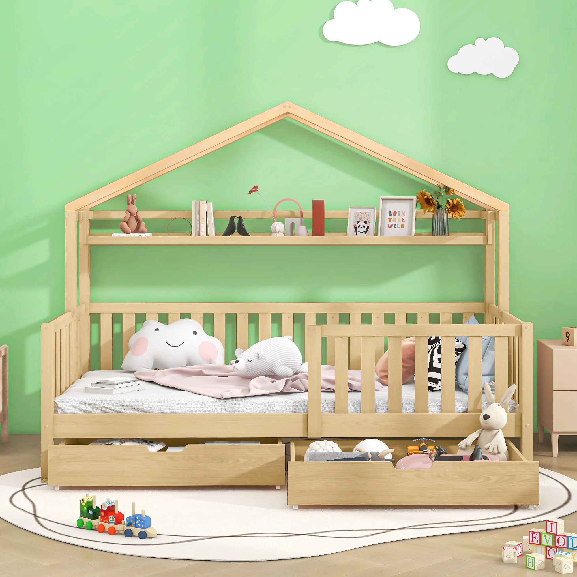 Casa de madera de Burlywood europea para niños y jóvenes, cama con dos cajones grandes de almacenamiento, madera maciza con marco de listones y