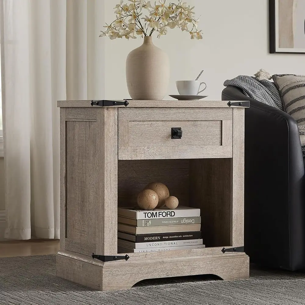 

24 Nightstand Set with Charging Station, Large End Table with Drawer and Storage, Rustic Oak Sofa or Bedroom Table night stand
