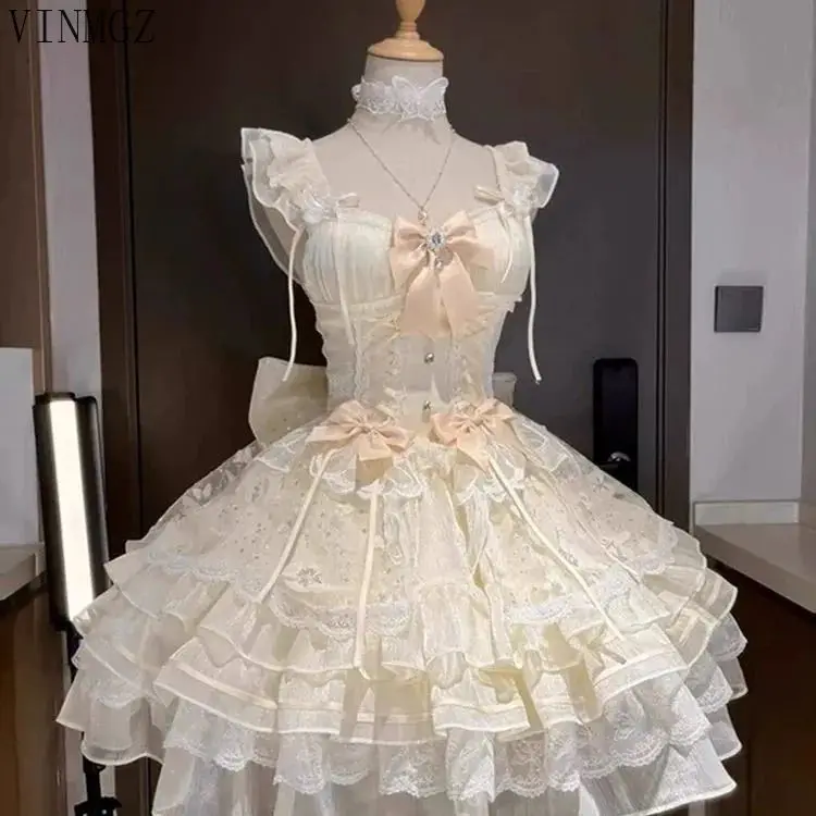 

Summer Korean new French cute princess bow exquisite waist fluffy thin birthday dress short skirt