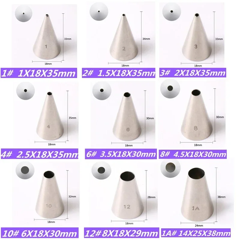 9pcs Round Pastry Nozzles Cream Writting Cake Decorating Tips Macaron Cookie Icing Piping Tips Set #1#2#3#4#6#8#10#12#1A