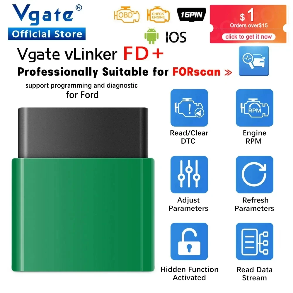 

Vgate vLinker FD ELM327 FORScan For Ford wifi Bluetooth 4.0 OBD2 Car Diagnostic Auto Tool OBD 2 Scanner J2534 PK ELM 327 V 1 5