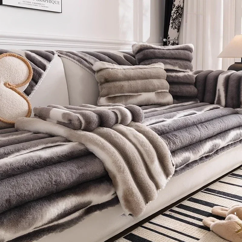 Anti Slip Sofa Cover with L-shaped Gray Stripes Long Plush Sofas Cushion  French Sofa Towel Pillowcase Thickened in Winter