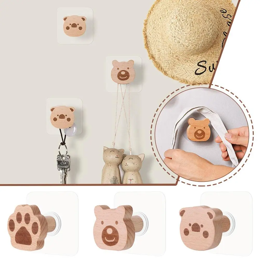 

Hook Without Punching Holes Wood Coat And Hat Room Foyer Cute Wooden Children's Hook Bedroom O0H3