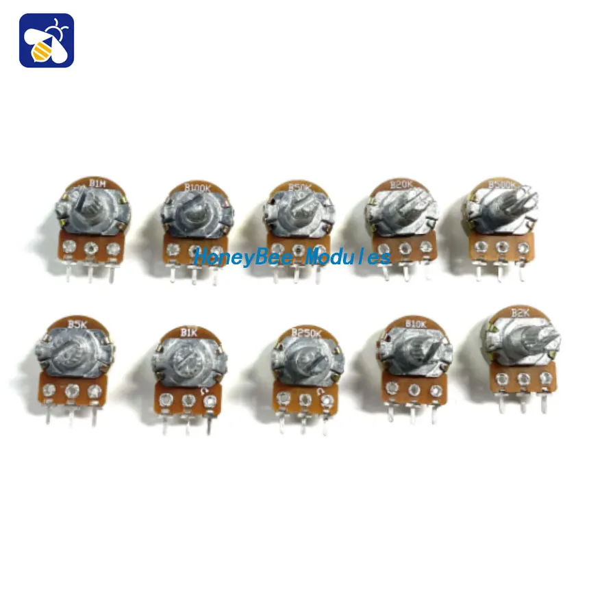 10PCS WH148 single potentiometer B1K B2K B5K B10K B20K B50K B100K B500K 3-pin linear 15mm shaft with nut and washer Stem length