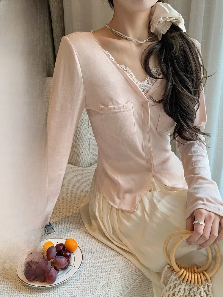 

Розовый кружевной топ из шифона с эффектом двухслойности, женский, в корейском стиле, приталенный, с длинным рукавом, V-образным вырезом, однотонный, модный