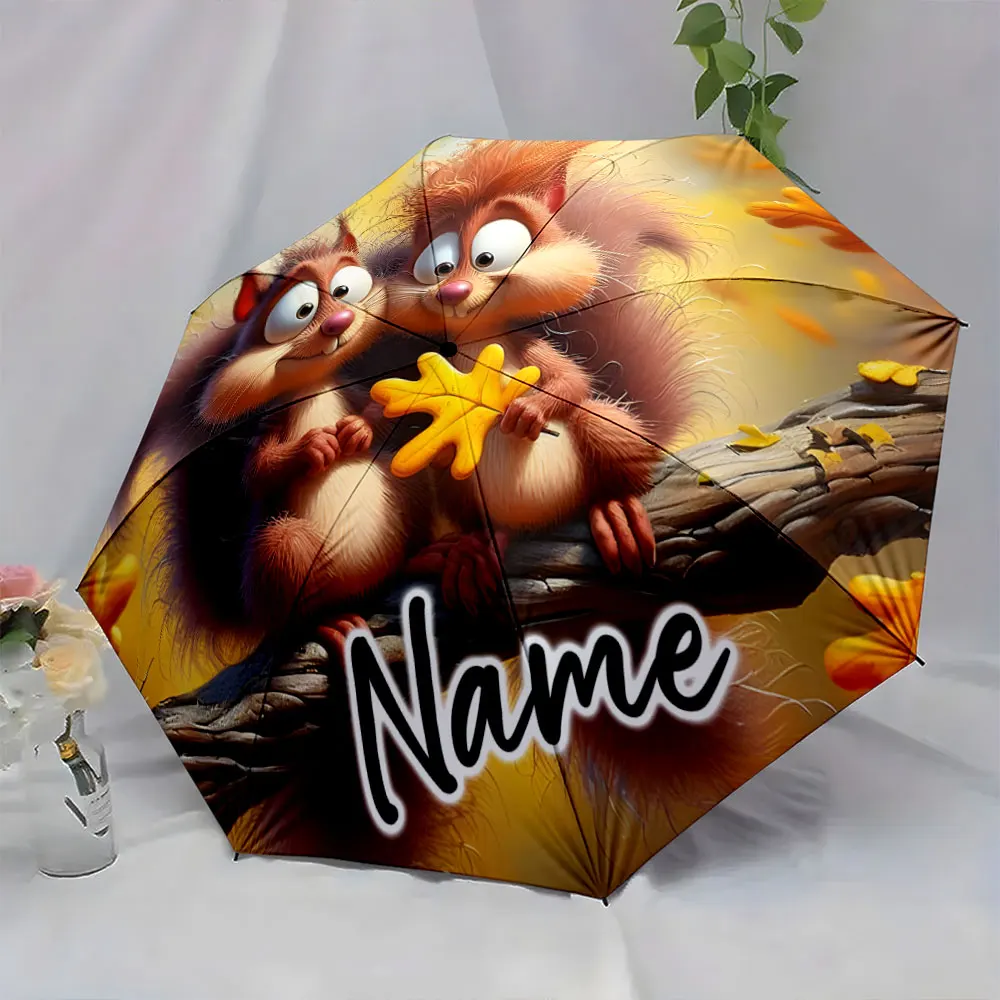 Custom Name Cute Squirrels with Autumn Leaves on a Colorful Umbrella 8 Iron Ribs Folding Umbrella Auto-Open Fashion Sunshade