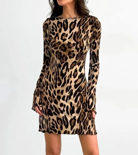 Basic Style A-Line Skirt for Women 2024 Spring Summer Elegant Sexy Round Neck Long Sleeved Slim Fit Classic Leopard Print Dress