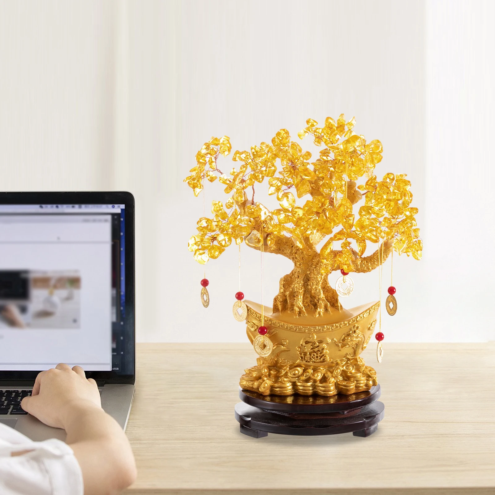 

Golden Citrine Money Tree, Feng Shui Ornament for Home & Office, Tabletop Decor, Wealth & Luck Charm, Resin Crystal Wood Craft