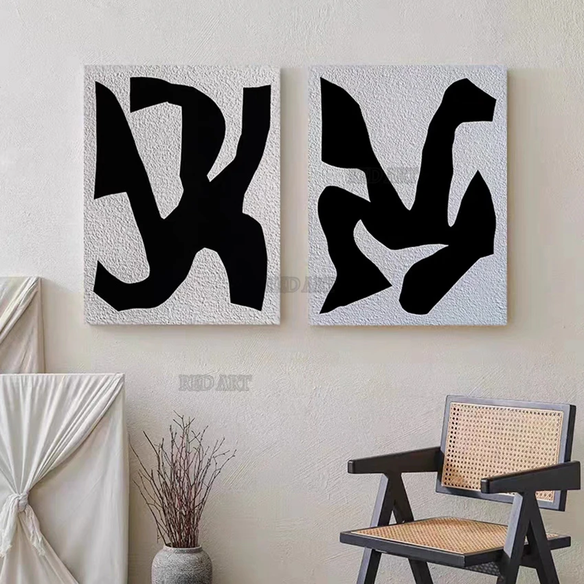 

Black White 2 PCS Group Hand Painted Abstract Oil Painting Wall Hang Poster Texture Acrylic Nordic Canvas Art For Hotel Porch