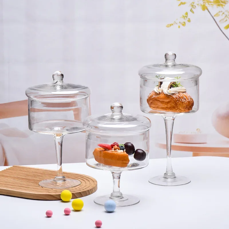 European Glass Candy Jar Cover Transparent Storage Jar High-foot Tray 1-2L Capacity Dessert Display for Wedding Home Decoration