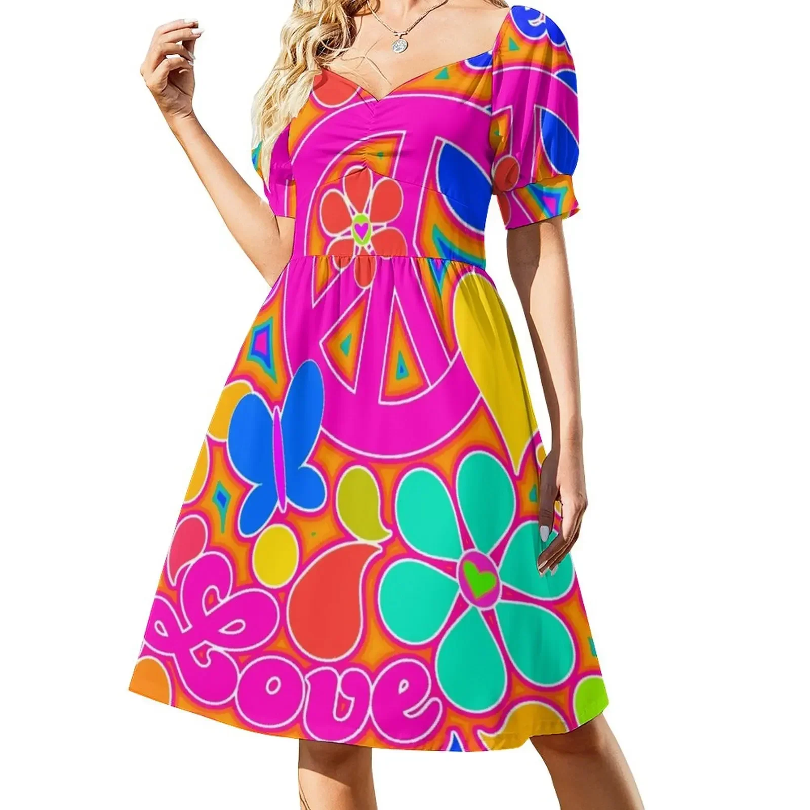 

Bright Pop Art Colorful Peace and Love Flower Power Art Sleeveless Dress elegant party dresses for women 2025 sexy dress Dress