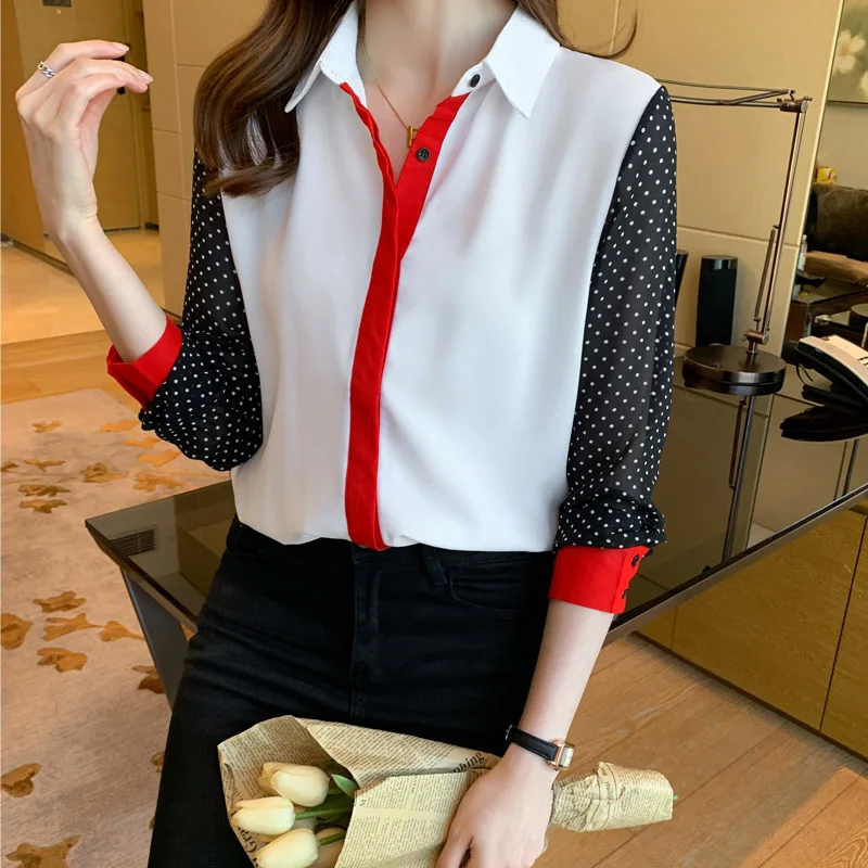 Women Fashion Red Striped Spliced Chiffon Shirts Spring Button Elegant Loose Casual Button Cardigan Vintage Contrast Style Top