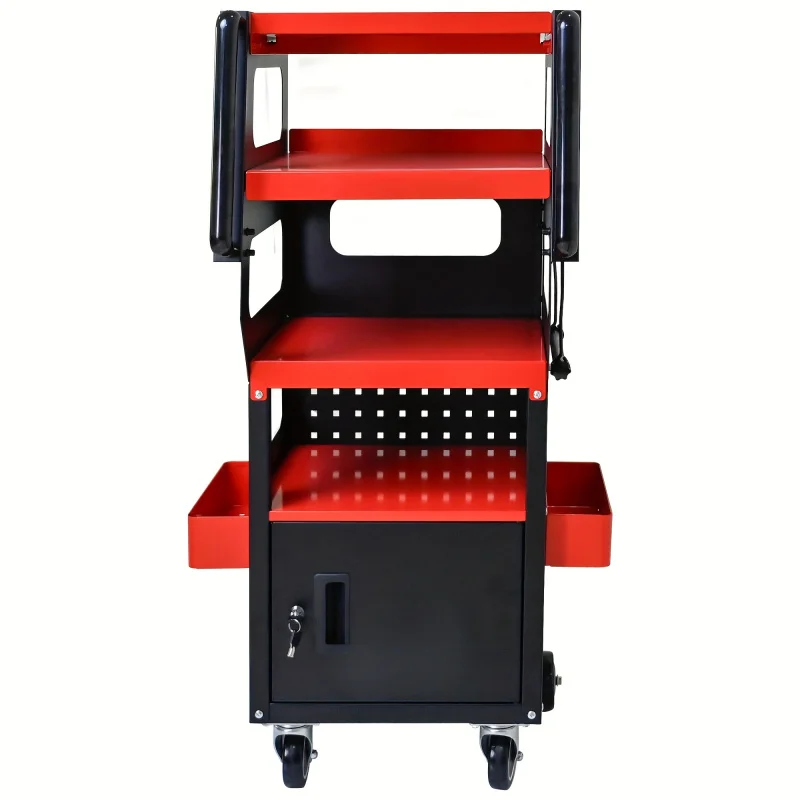 Multipurpose Diagnostic Trolley - Black and Red，Rolling cart with lockable cabinet，360 °   Rotating Caster Wheels，Metal Backboar