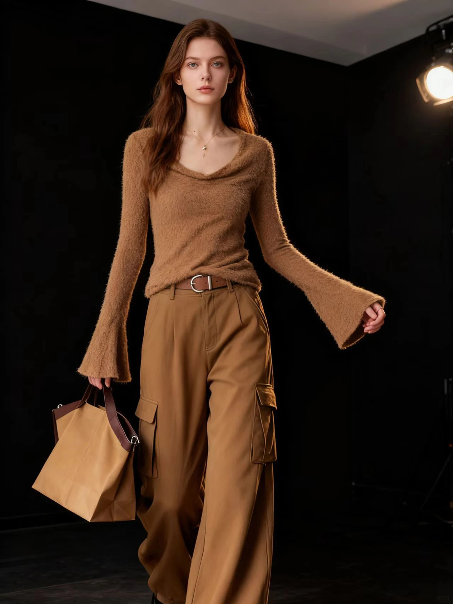 

HUAAPPUW Women's Slim Fit T-irt Textured Brued Ne Design Long Sve Pure Color Inner And Outer Wear Casual Top