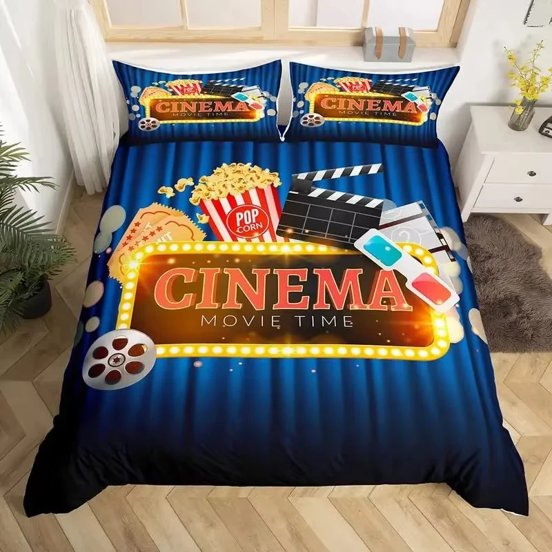 Movie Theater Duvet Cover Cinema Poster Bedding Set Twin King for Kids Boys Girls Polyester Movie Ticket Vintage Comforter Cover