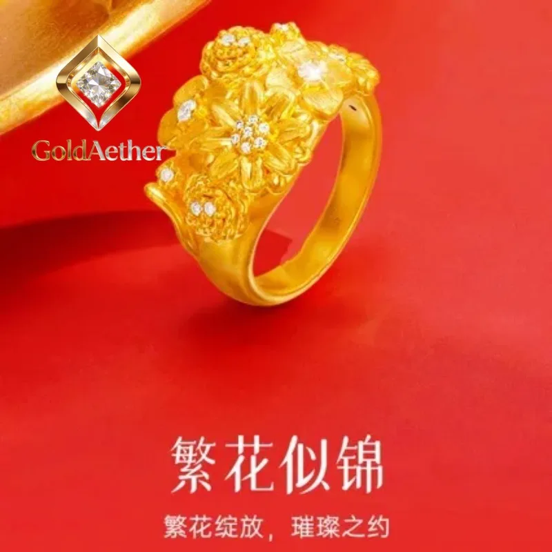 

GoldAether Women's 24K Gold (AU999) Adjustable Zircon Ring | Solid gold 3D band, chiseled vine patterns with face