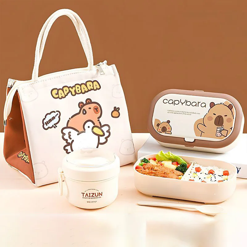 Cute Capybara Lunch Box Set with Insulated Bag and Soup Cup Microwave Safe Bento Box for Office Workers Portable Lunch Container