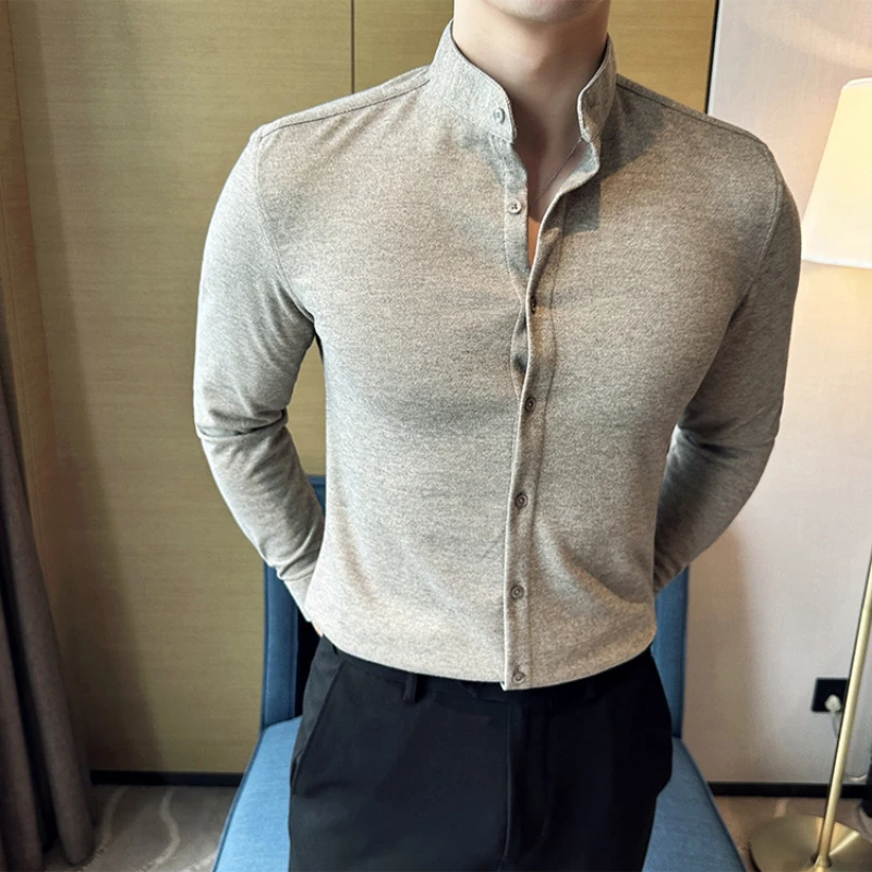 Thickened Slim Fit Stand-up Collar Casual Men's Long-sleeved Shirt Solid Color Daily Commuting Versatile Top for Autumn Winter