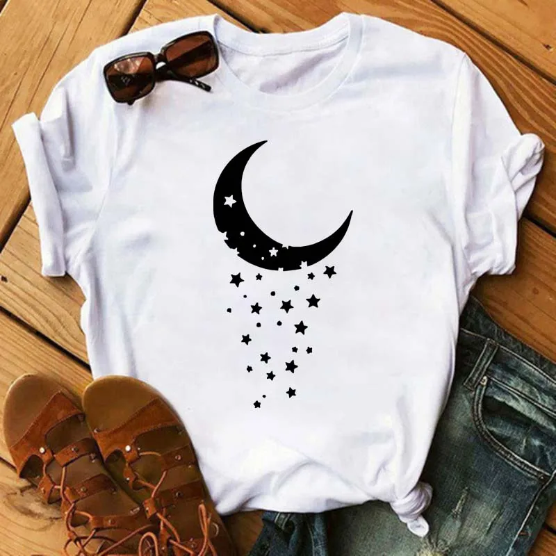 New Women T Shirt Moon Star Print Female's Tops Harajuku 90s Ulzzang Aesthetic Tops Tees T-shirts for Women Drop Shipping Shirts