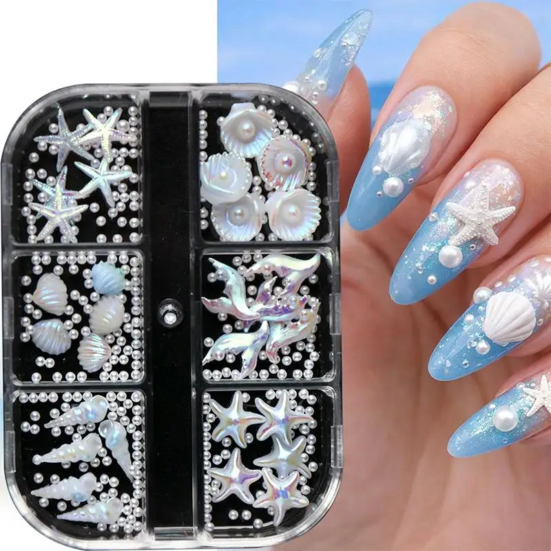 DIY Manicure Nail Charms 6 Panels Pearlescent Shell White Starfish Pearl Design Nail Decor for Professional Nail Technicians