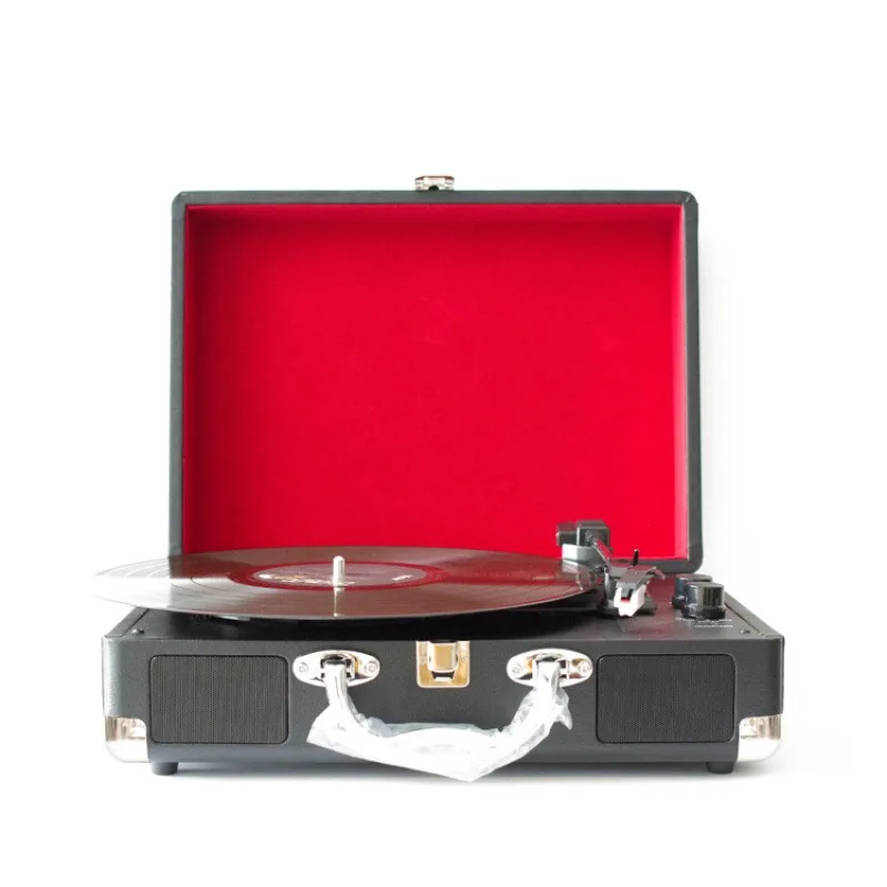 vinyl record player, portable wooden retro phonograph, bluetooth speaker.