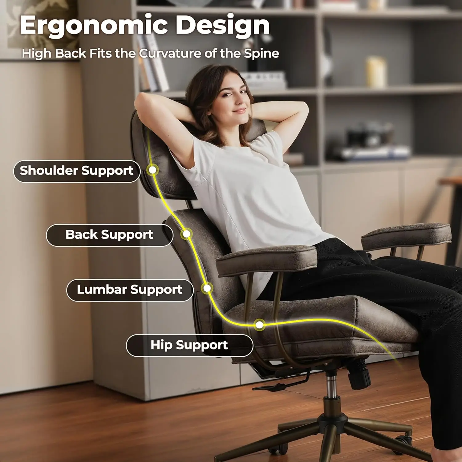 

Ergonomic Home Office Chair, Mid-Century Modern Leather Chair with Lumbar Support, High Back Swivel Rolling Executive Chairs