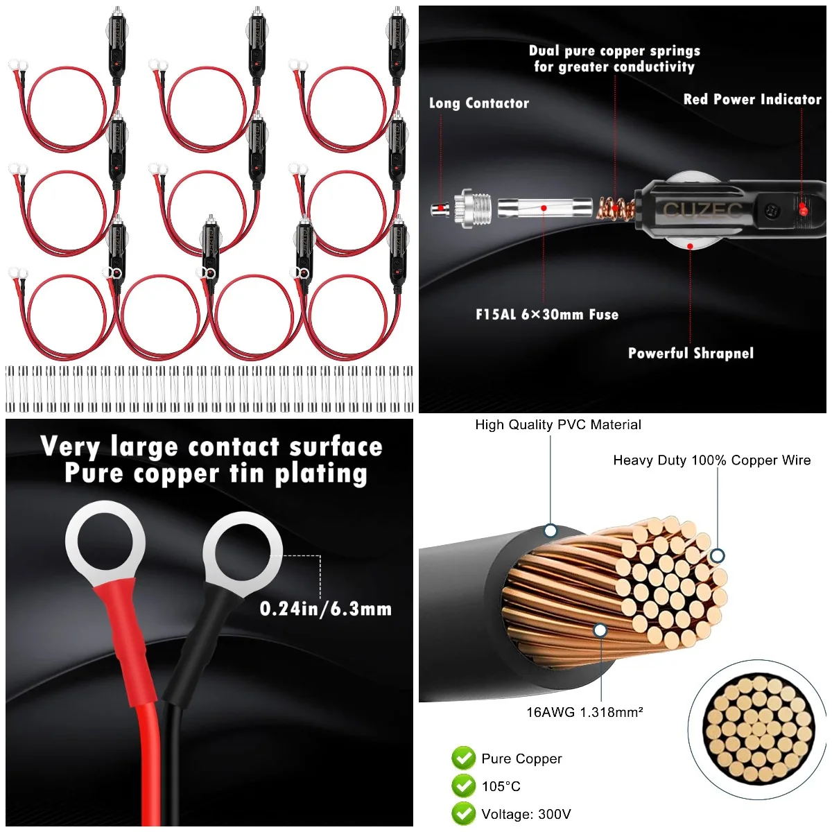 

10-Pack 15A Male Plug Cigarette Lighter Adapter 16 AWG 1.6ft Power Cord for Car Inverter, Air Pump, Electric Cup