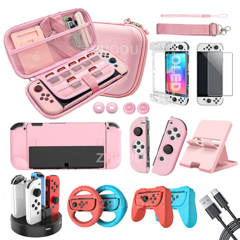 

Travel Carrying Case for Nintendo Switch Oled Protective Cover Bracket Thumb Grip Caps Storage Bag Pouch NS OLED Accessories