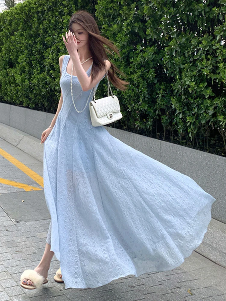 Women Vacation Clothes Sweet Blue Sheer Sexy Tank Slim Maxi Long A-Line Dress Elegant Lady Fashion Party Prom Vestidos Robe New