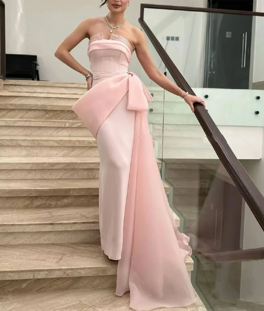 

Customized Temperament Jersey Straight Beading 3D Bow Evening Dress Delicate Sleeveless Strapless Floor Length prom dresses