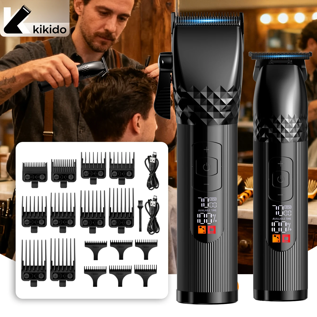 

KIKIDO Professional Hair Clipper Kits Electric Hair Trimmer Set For Men Rechargeable Cordless Haircut Machine For Barber