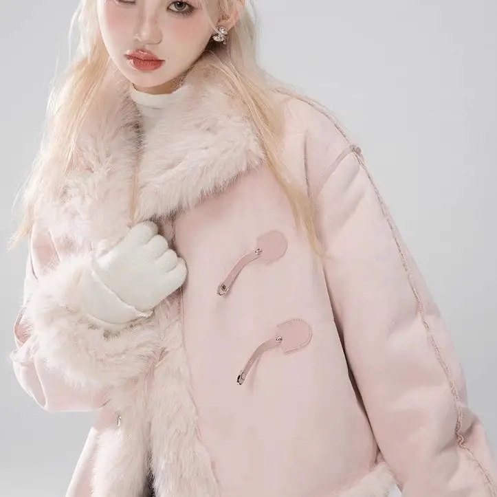 Korea Winter Pink Warm Jacket Fashionable Faux Fur Women'S Casual Y2K Fur One-Piece Long Sleeve Loose Jacket Chic