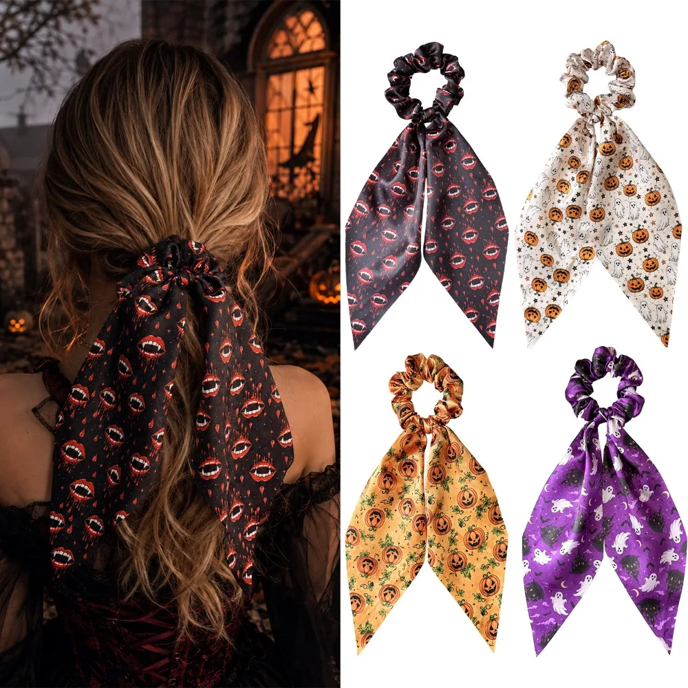 2Pcs Ghost Halloween Hair Ties, Pumpkin Print Scarf Scrunchies for Women, Party Hair Accessories No Damage