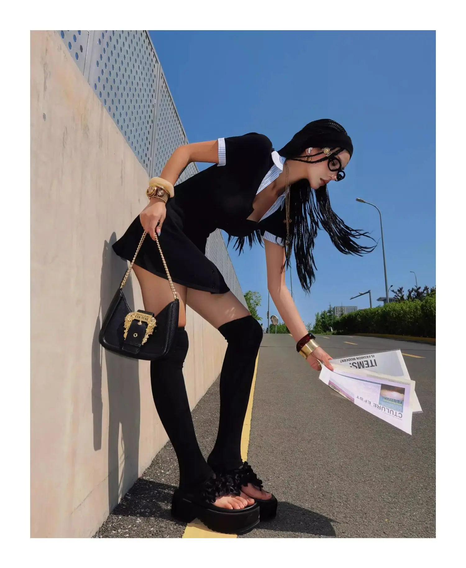 Gonna a trapezio in due pezzi finta con giunture a righe Abito estivo francese da donna Slim manica corta a vita alta Mini moda di alta qualità