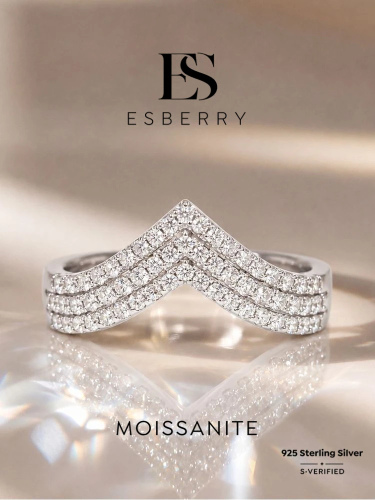 Echte runde Moissanit-Diamant-V-förmige Ringe für Damen, modisch für den täglichen Gebrauch, Jubiläen und Partys, 925er Sterlingsilber, edler Schmuck. – Detail 1